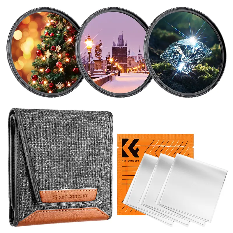 【K&F CONCEPT】(3 PCS) Star Filters Kit 4 Points 6 Points 8 Points Cross Screen Starburst Filters Set 18 Layer Coating Ultra Slim Optical Glass Camera Lens Filter with 3 Cleaning Cloths & Holds 3 Lens Filters Protective Case, Alloy, Dustproof