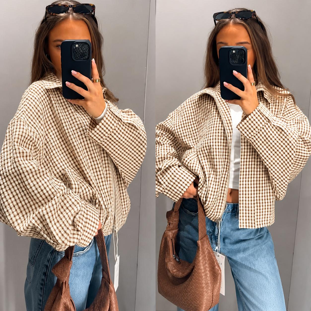 Wandal Women Stand High Neck Gingham Blouse, Oversized Balloon Long Sleeve Vintage Checkered Shirt, Loose Casual Woven Plaid Top