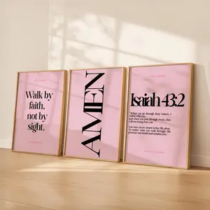 Daily Reminder Scripture Wall Art Set | Christian Bible Verse Poster Unframed  | Walk By Faith | Amen | Isaiah 43:2 | Minimalist Pink Decor