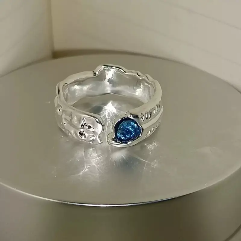 925 Sterling Silver Lava Texture Ring with Ocean Blue Zircon – Adjustable Open Ring