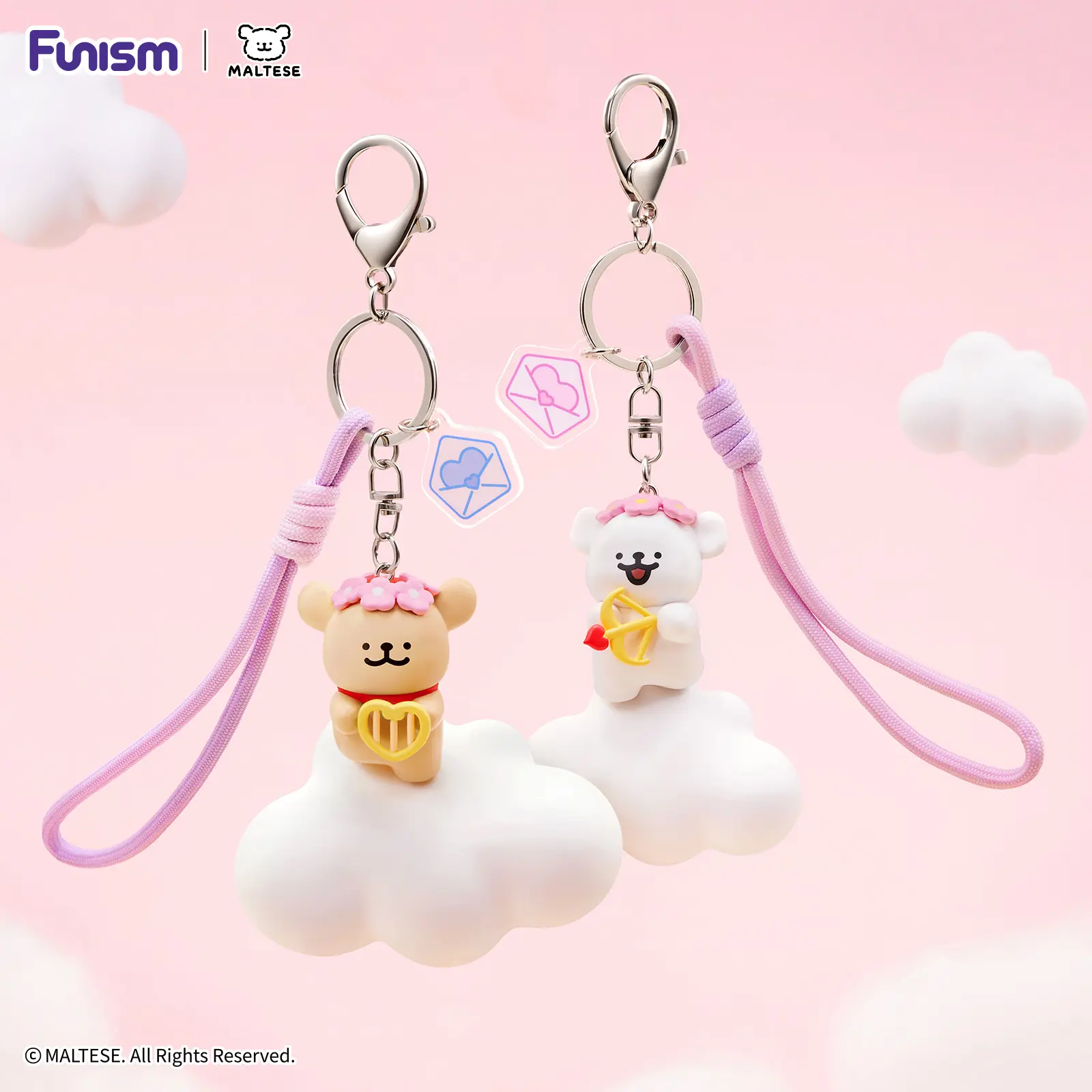 【Funism】Maltese Dog Cupid Keychain Kawaii Toy Style Bag Charm Aesthetic Car Keyring Cute Handmade Doll Gift for Girls Women