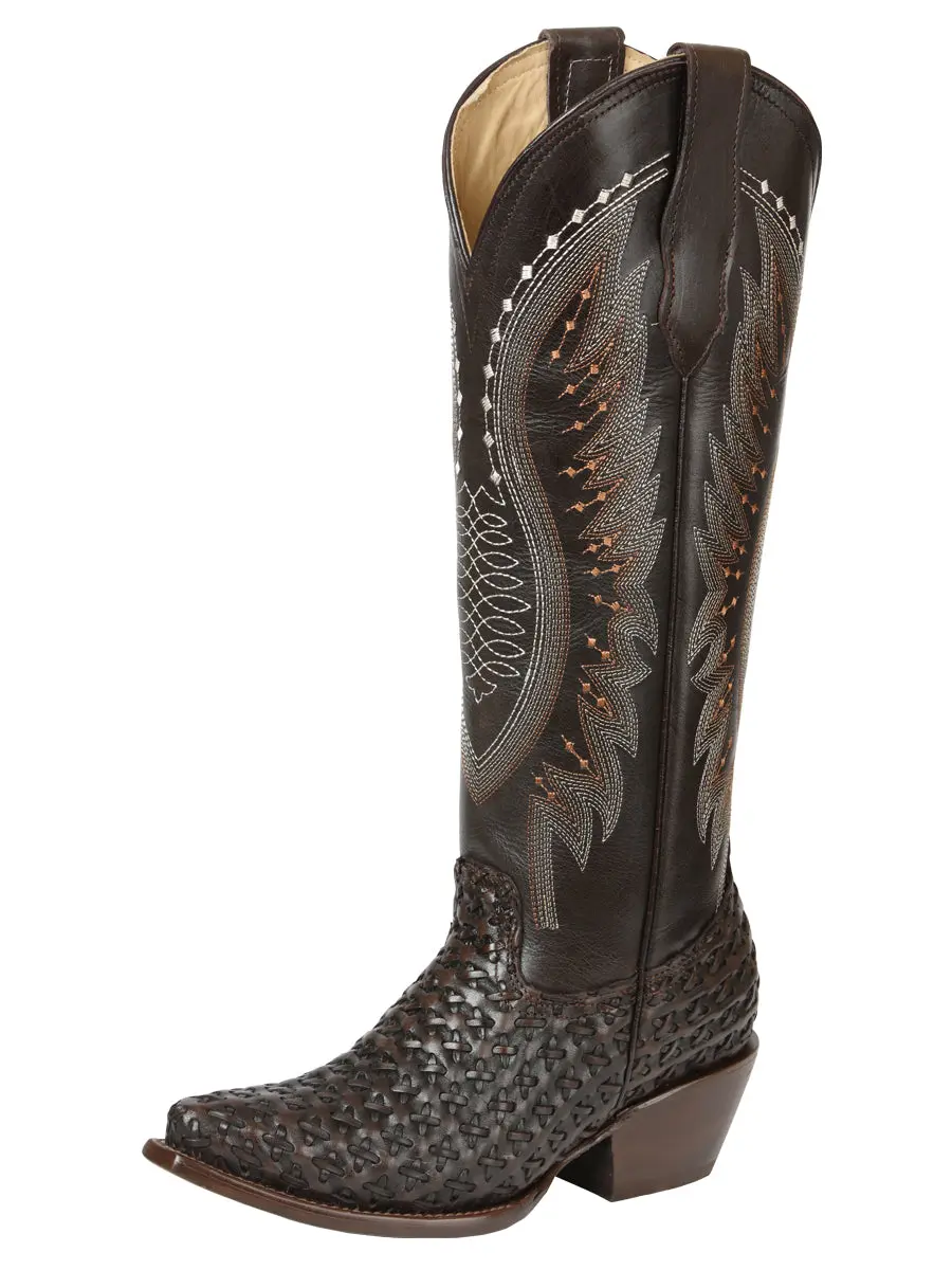 Women's Dark Brown Full-Grain Leather Western Knee-High Cowgirl Boots - Snip Toe, Pull-On, Basket Weave, Embroidered Shaft, Rhinestones, Stacked Heel, Copper Accents, Decorative Stitching, Handmade, Rubber Cap, Statement Shoes