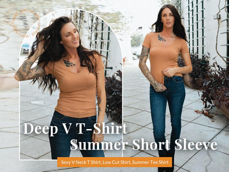 Women's Deep V Neck Tops for Women Sexy Low Cut Summer Ribbed Knit T Shirts Slim Fit Stretchy Basic Fashion Tee