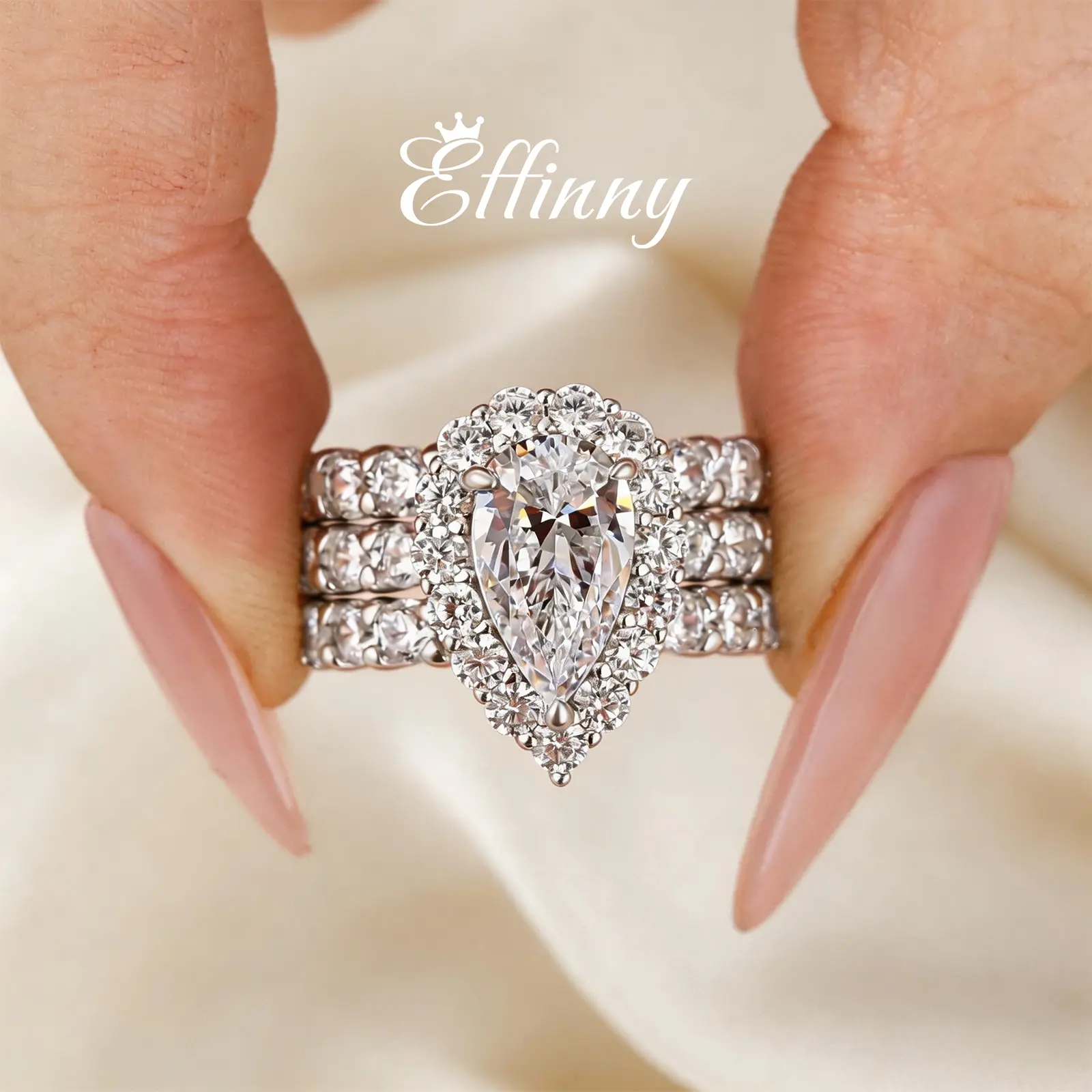Effinny 3.0ct 925 Sterling Silver 3PC 14K Gold Plated Halo Pear Cut No Tarnish Wedding Ring Set, Fashion Jewelry Women's Ring Set for Daily Wear, Travel-Friendly, Engagement Wedding Bands, Non Tarnish Jewelry