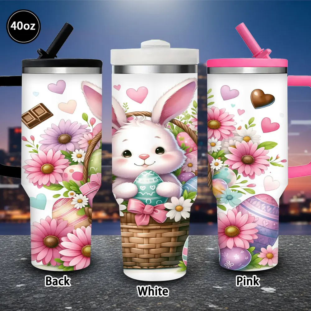 40oz Cute Bunny Animal Vacuum Flask Tumbler - Easter Eggs, Flowers Design, Lid & Straw Included, Winter Insulated Travel Mug, Single Piece Gift for Women for Happy Birthday & Valentine’s Day, Fits Iced/Hot Coffee, Animals