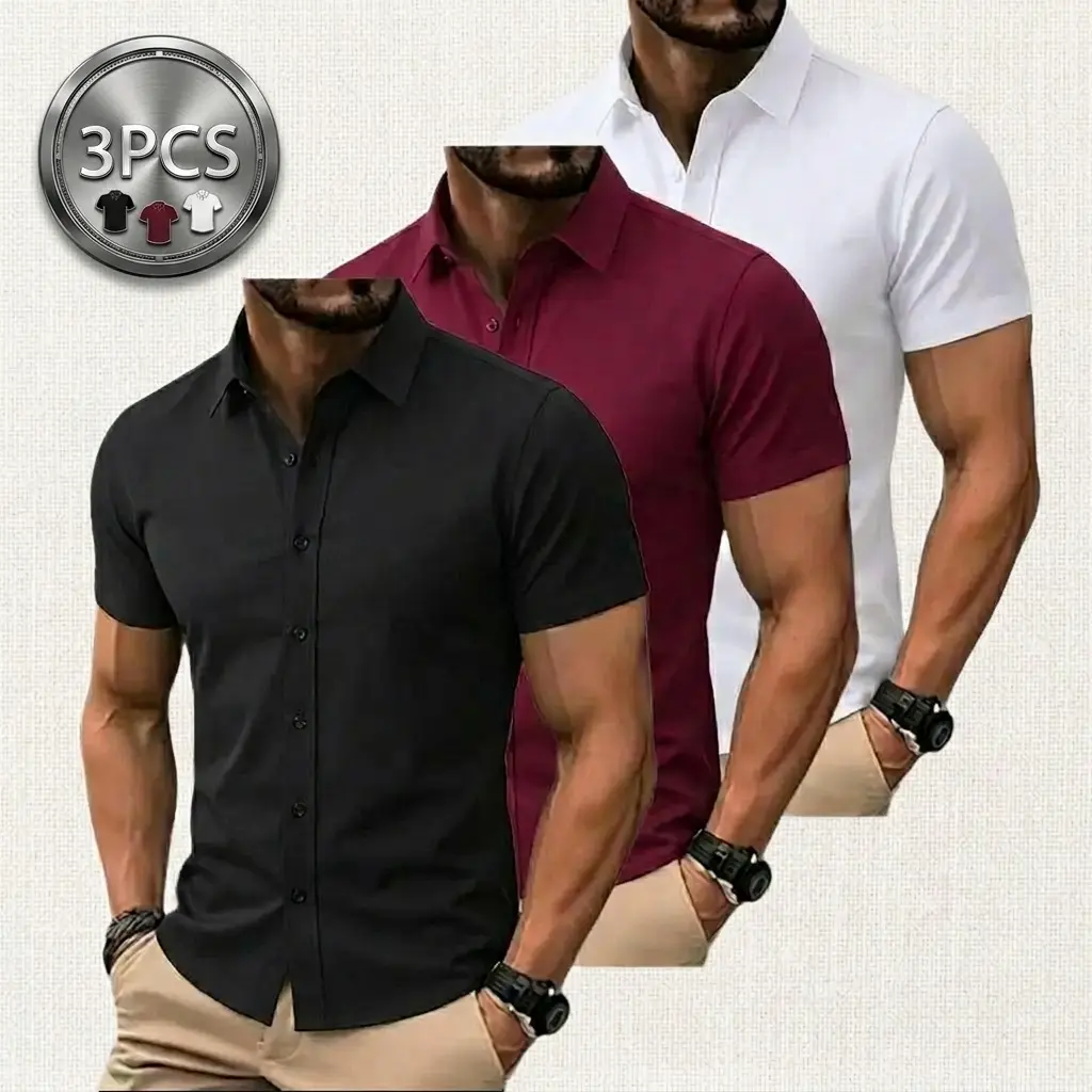3 Pack Men’s Slim Fit Short Sleeve Button Up Shirts – Stretchable, Wrinkle Free, Moisture Wicking for Everyday Wear