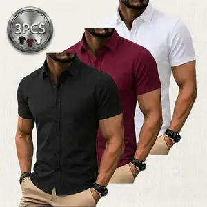 3-Pack Men’s Slim Fit Short Sleeve Button-Up Shirts – Stretchable, Wrinkle-Free, Moisture-Wicking for Everyday Wear