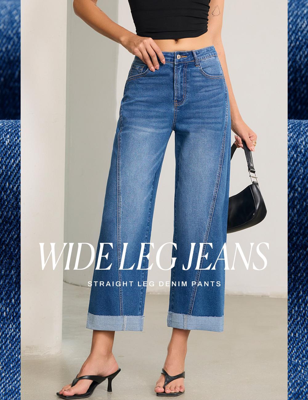 Sidefeel Women's High Waisted Wide Leg Cropped Denim Jeans Relaxed Fit Light Wash Jeans with Rolled Cuffs Sidefeel Women's High Waisted Wide Leg Cropped Denim Jeans Relaxed Fit Light Wash Jeans with Rolled Cuffs