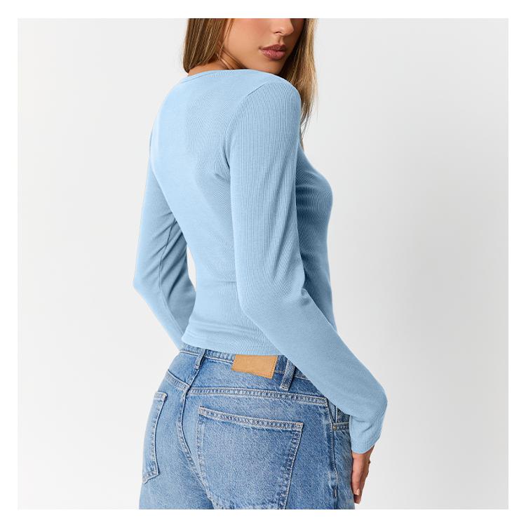 AUTOMET Women's 3 Piece Casual Long Sleeve Round Neck T-shirt for Daily Wear, Plain Button Front Ribbed Design