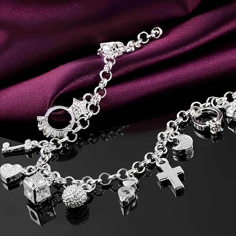 1pc Elegant 925 Sterling Silvery Heart Key Pendant Bracelet,Women's Bracelet,13 Small Pendants,Bohemian Style,Shiny and Exquisite Silvery,Women's Fashion Jewelry Accessories, Suitable for Wife Girlfriend,Fashion Gift,Birthday Gift bangle Statement Piece 1pc Elegant 925 Sterling Silvery Heart Key Pendant Bracelet,Women's Bracelet,13 Small Pendants,Bohemian Style,Shiny and Exquisite Silvery,Women's Fashion Jewelry Accessories, Suitable for Wife Girlfriend,Fashion Gift,Birthday Gift bangle Statement Piece