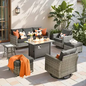 Ovios Patio Furniture Set 7-Piece Outdoor Wicker Rattan Sectional Sofa with Cushions, 42'' Propane Fire Pit Table & Rocking Swivel Chairs, All-Weather Conversation Set for Backyard Garden Deck Patio