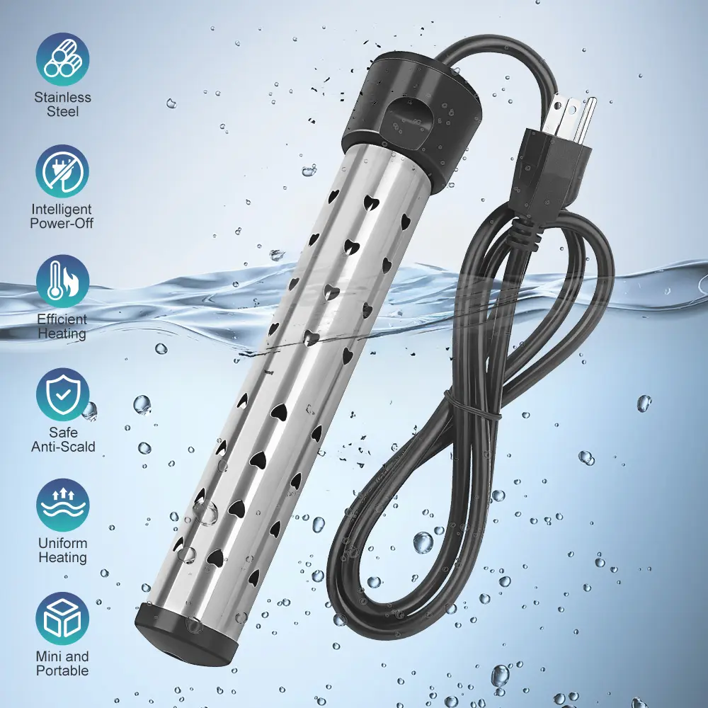 110V 1500W Instant Immersion Electric Water Heater, Stainless Steel Heating Rod with Pure Copper & Magnesium Oxide Inner Core, 75°C Automatic Overheat Shut Off & Anti-Scald Safety Guard, Portable Water Heating Tool for Bathtubs, Buckets & Household Use