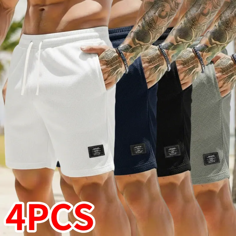 Men's 4-Pack Labeled Corduroy Shorts - Corduroy Texture, Chic, Basic, Drawstring Waist, Loose Retro Casual, Summer Outdoors, Party Bottoms