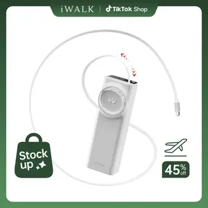 iWALK LinkPod Reel 20000mAh 65W Power Bank with Retractable USB-C Cable, Triple Device Charging, LED Display, White Portable Charger for iPhone, MacBook, Tablets - Smartphone