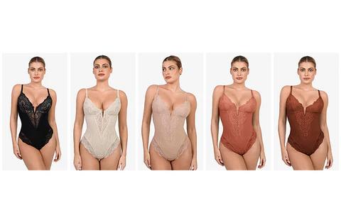 Popilush Deep-V Neck Built-in Shaper Lace Bodysuit Elegant Adjustable - live