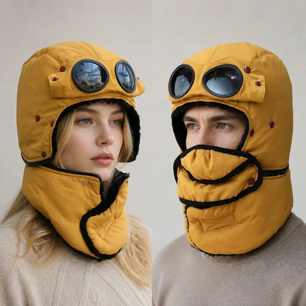 Winter Thermal Padded Hat with Detachable Goggles, Windproof Face‑Neck Cover, Cold‑Resistant Warm Cap for Outdoor Work, Cycling, Skiing and Cold Weather Activities