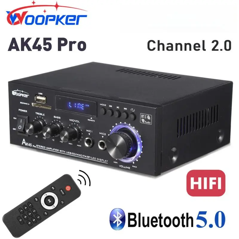 Woopker AK45Pro / AK45 Bluetooth 5.0 Home Audio Amplifier, 2.0 Channel Stereo Bluetooth Amp, Compatible with a Pair of 400W Speakers for AK45Pro or 300W Speakers for AK45, USB, SD Card, RCA, FM Radio, Dual Mic Inputs Remote for Karaoke & Home Theater
