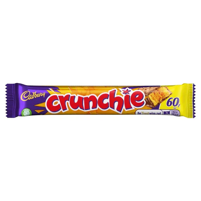 Cadbury Crunchie Single Bar - Imported UK British Chocolate Snack, Vegetarian Treat with Convenient Size, Contains Milk, Crunchy Honeycomb, Coconut Oil, Palm Oil, Emulsifier, Flavourings, Cupboard-Storable Daily Sweet