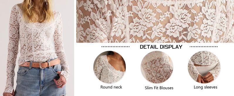 Lace Sheer Floral Top for Women YeeZaa 2026 Spring Summer Fashion Springfresh Long Sleeve Elegant Scoop Neck Scalloped Trim Forever Flattering Fit Feminine Top Slim Fit Night Out Blouse Shirt Clubwear