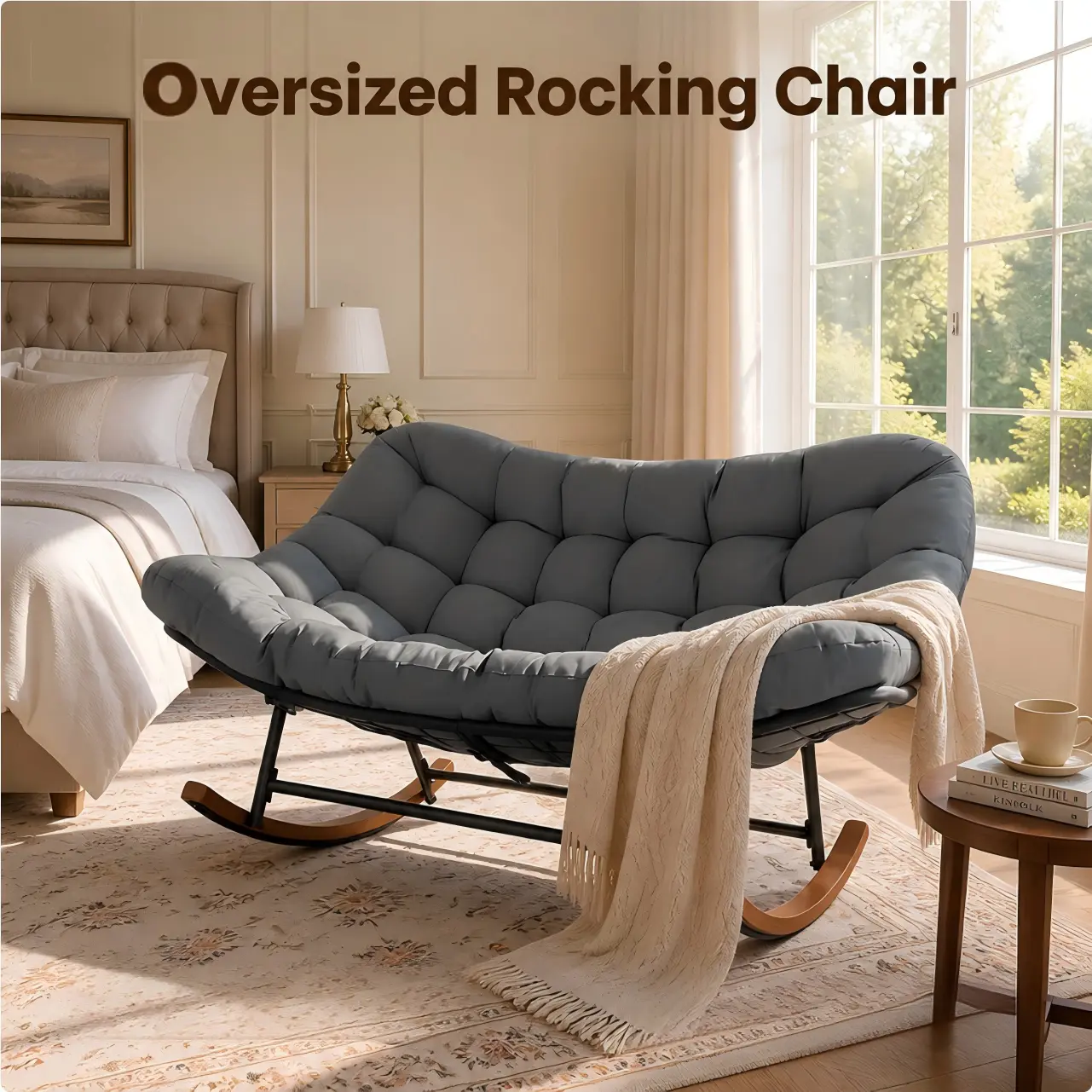 Aoxun Curved Shape Rocker Patio Chair for Couple Users - 2-Person Heavy-Duty Metal Frame Oversized Lounger, Thick Cushion, 660lb Capacity, Patio Furniture, Home Outdoor Furniture for Garden Spaces