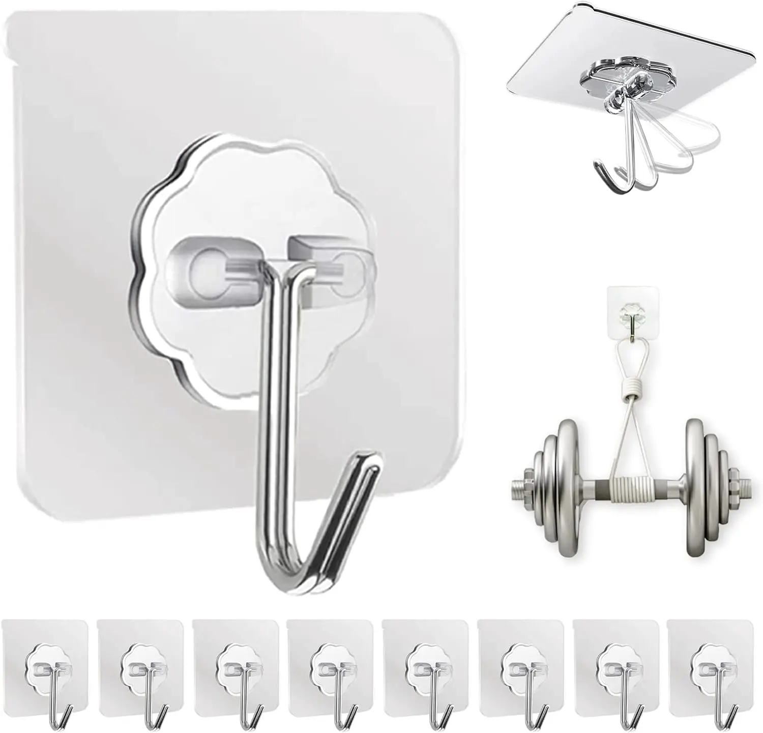Adhesive Wall Hooks Clear 50lb(Max) Heavy Duty Hanging Sticky-10 Pack | Heavy Duty Hooks for Walls Hanging 50 lbs No Damage, Waterproof Sticky Transparent Ceiling Hook for Towel/Kitchen/Outdoor
