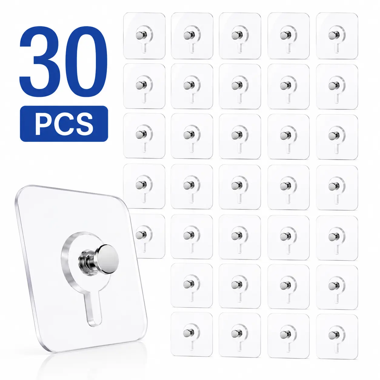30pcs Household Metal Self-Adhesive Photo Hook Set - Heavy-Duty, No-Drill, Lightweight Wall Hangers with Transparent Smooth Plastic Pad for Ceramic, Wood Frames; Easy Installation for Home Decoration, Glass Surfaces, Utensils, Towels, Apartments, Renters