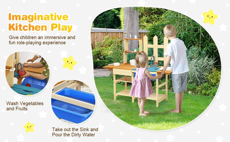 Costzon Wooden Kids Play Kitchen, Outdoor Mud Kitchen with Removable Sink, Water Box & Faucet, Stove Top, Storage Shelves, Fun Backyard Pretend Kitchen Playset dealsforyou
