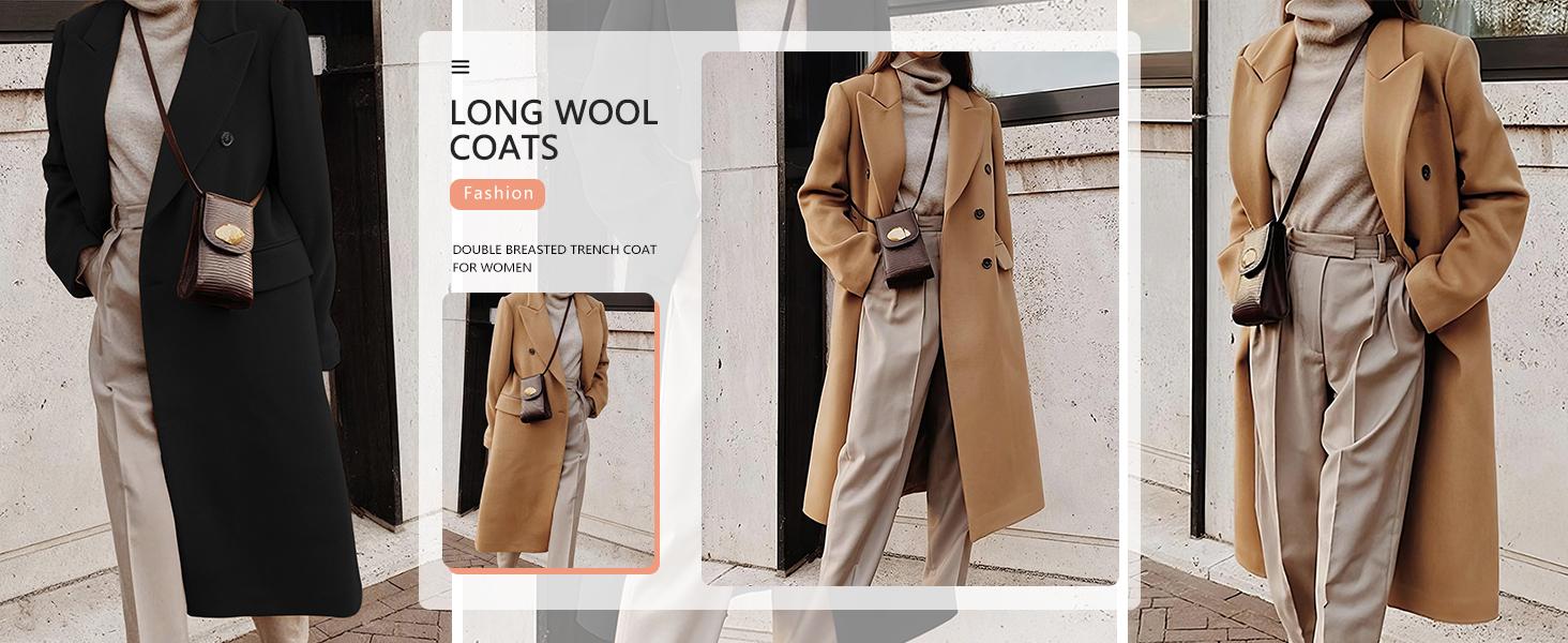 IDEALSANXUN Womens Long Wool Coats Fall Winter Double Breasted Trench Coat Peacoat Midi overcoat jacket lapel