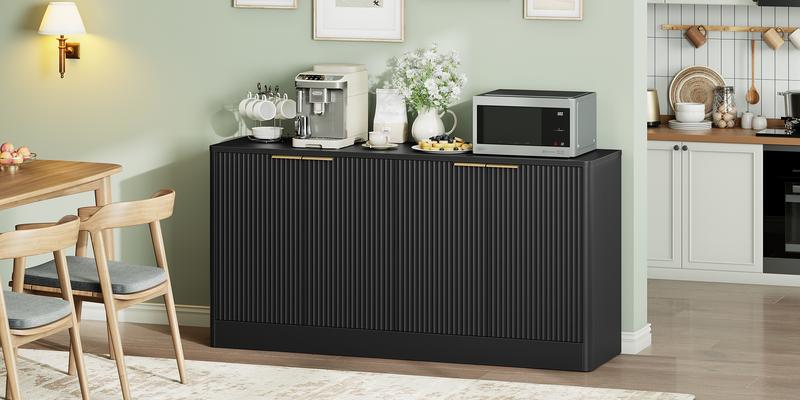 HOOBRO Black Sideboard, Modern Large Buffet Storage Cabinet with Adjustable Shelves, Wave-Patterned Wooden Cabinet for Dining Room Kitchen Living Room, Black