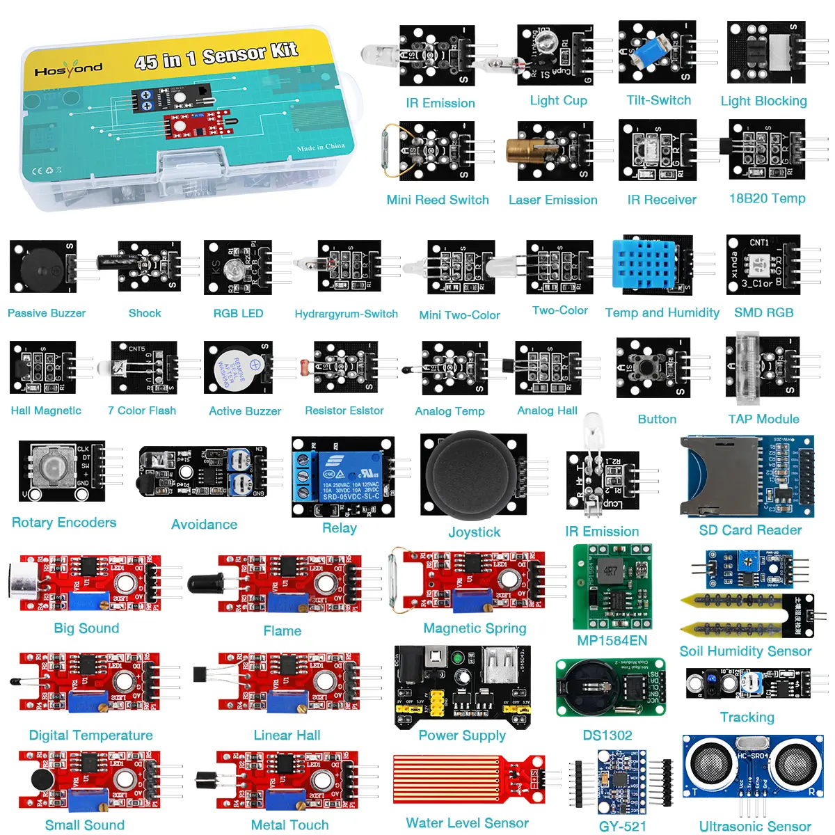 45-in-1 Sensor Module Starter Kit, Sensor Module Learning Set Better than Arduino's 37-in-1 Sensor Kit，Suitable for Arduino enthusiasts and beginners.