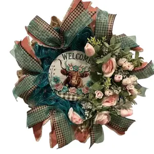 Highland Cow Farmhouse Wreath 14 inch Country Welcome Door Decor Rustic Teal Pink Floral Mesh Wreath for Entryway Hanging