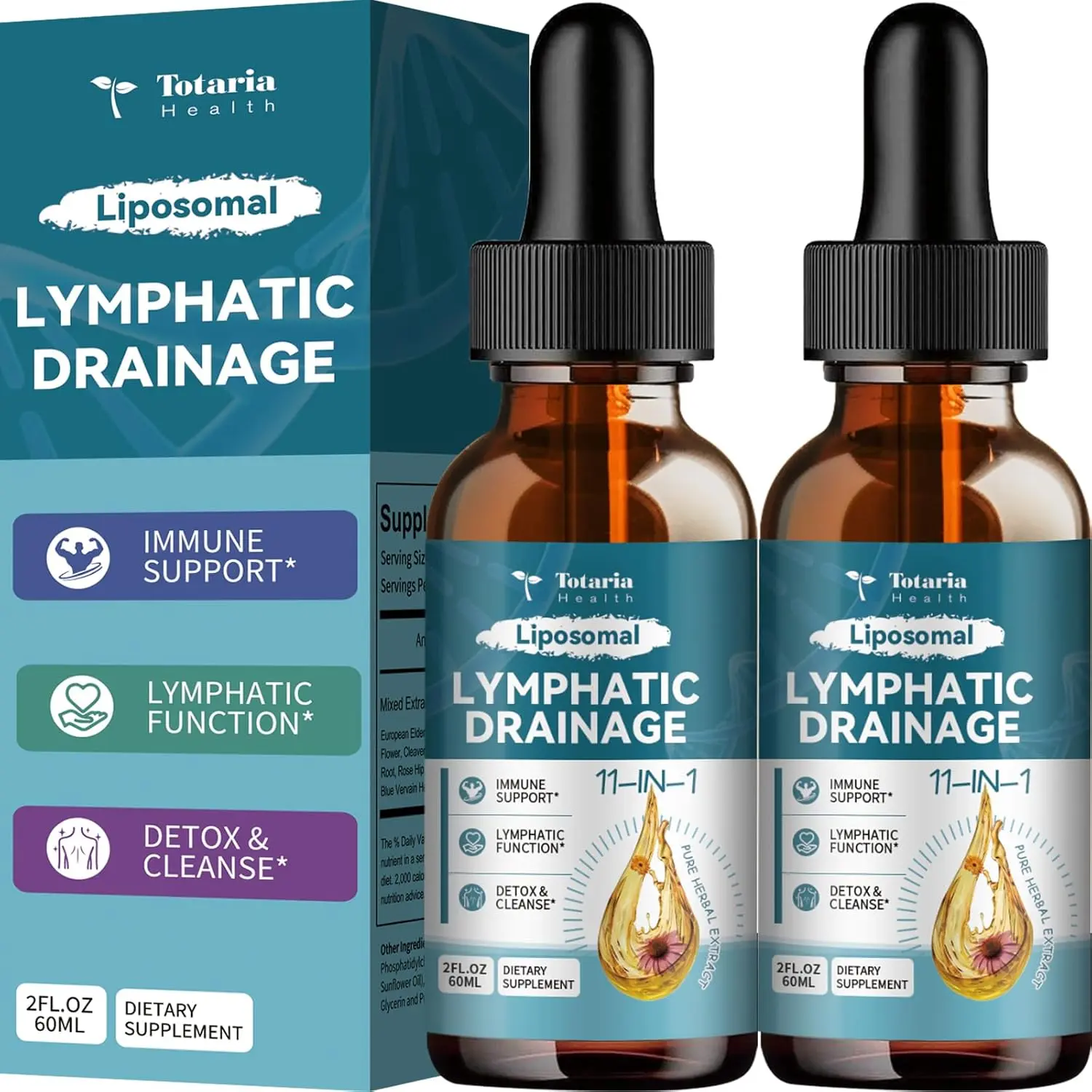 2 pack/3 pack Totaria 11 In 1 Liposomal Lymphatic Drainage Drops -Organic Supplement with Burdock Root Echinacea Elderberry Calendula Cleavers Herb Dandelion Supports Lymphatic Health 2 FL.OZ Healthcare Natural,travel essentials