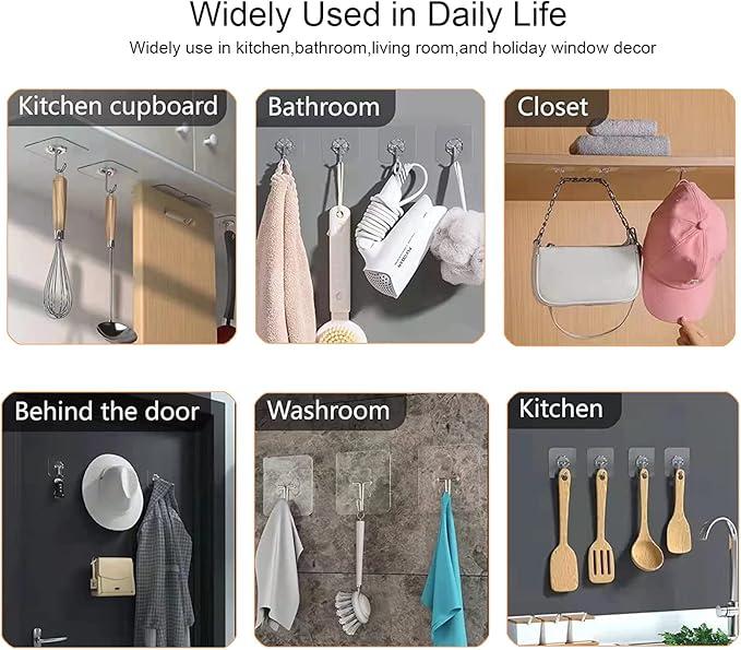 [New Deal] 20 Pack Adhesive Hooks for Hanging, Heavy Duty Wall Hooks , Removable Sticky Ceiling Hooks, Transparent Self Adhesive Shower Hooks, Water & Oil Proof Strong 22lb(Max) Door Coat Hooks Organiser Hangable