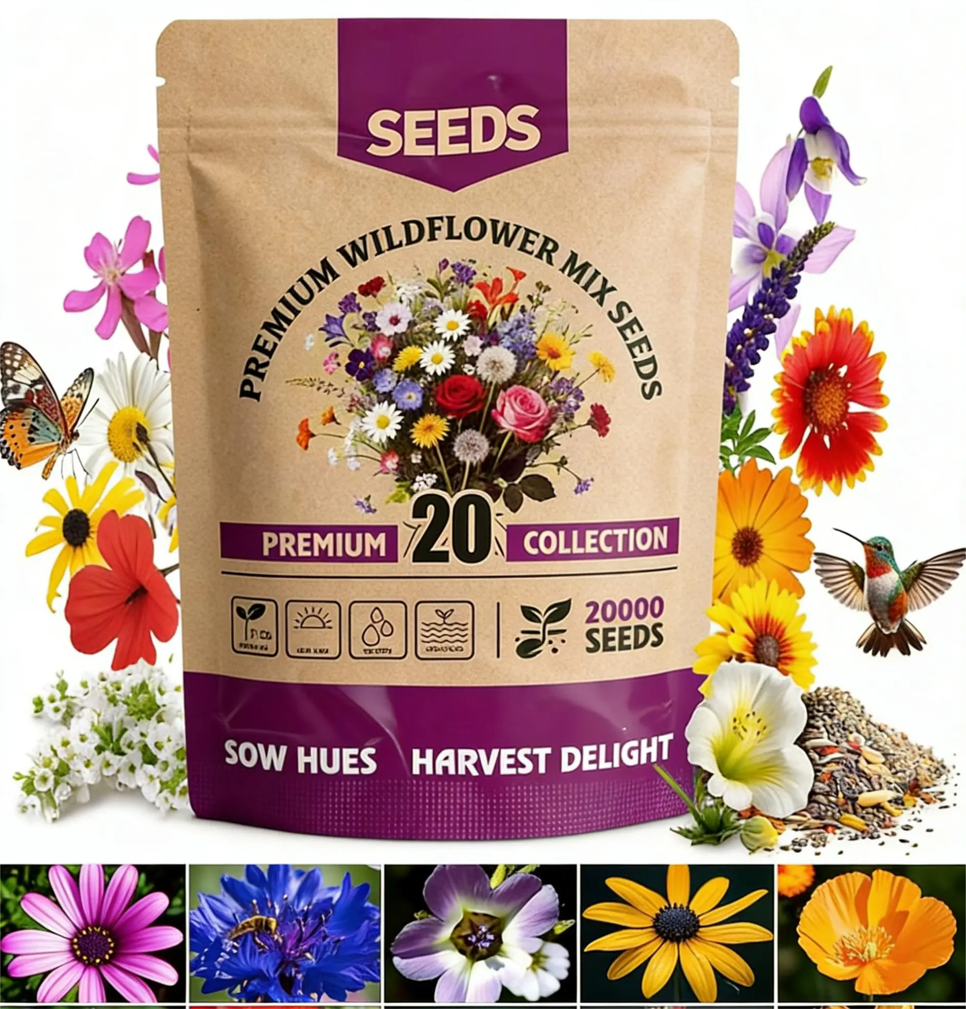 Home Grown Wildflower Seeds Bulk Seeds Mix 20000 (Pure Seeds - No Filler) Attracting Bees, Birds & Butterflies#SummerVibes