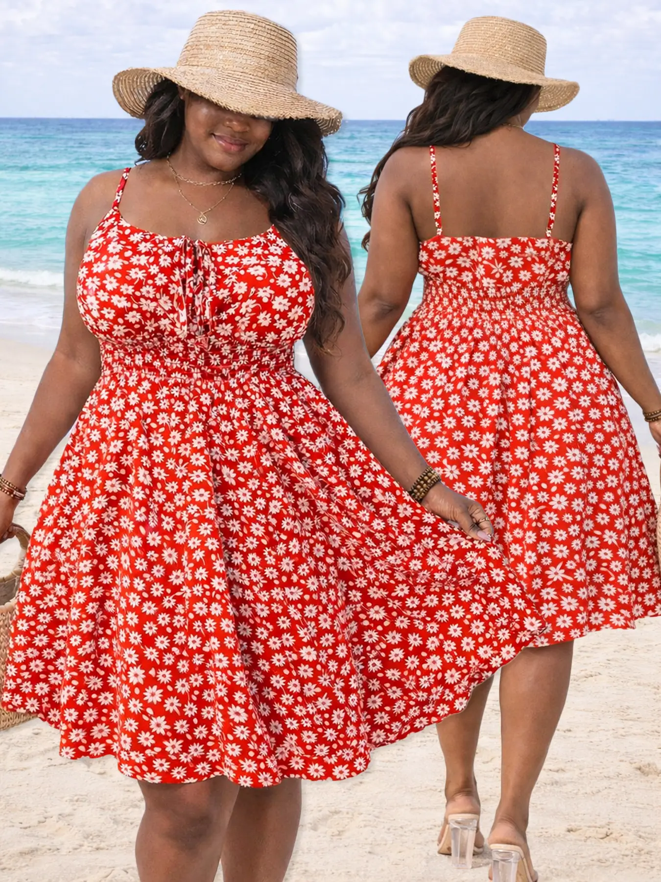 Plus Size Red Floral Cami Mini Dress - Smocked Waist Summer Beach Vacation Dress,Perfect for Spring Picnic Elegance Casual Womenswear vacation dresses