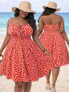 Plus Size Red Floral Cami Mini Dress - Smocked Waist Summer Beach Vacation Dress,Perfect for Spring Picnic Elegance Casual