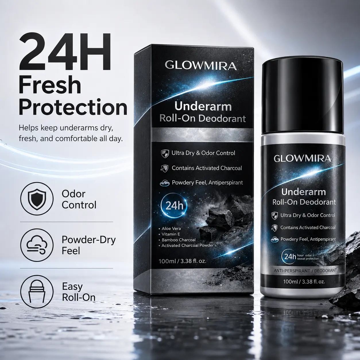 Underarm Deodorant Antiperspirant Lotion Roll-On 100ml for Daily Personal Care at Home Work Gym and Travel Men WomenNo Baking Soda or Parabens Dry Non Sticky Stay Small Portable Roller Ball Liquid Skin Chafing Stick