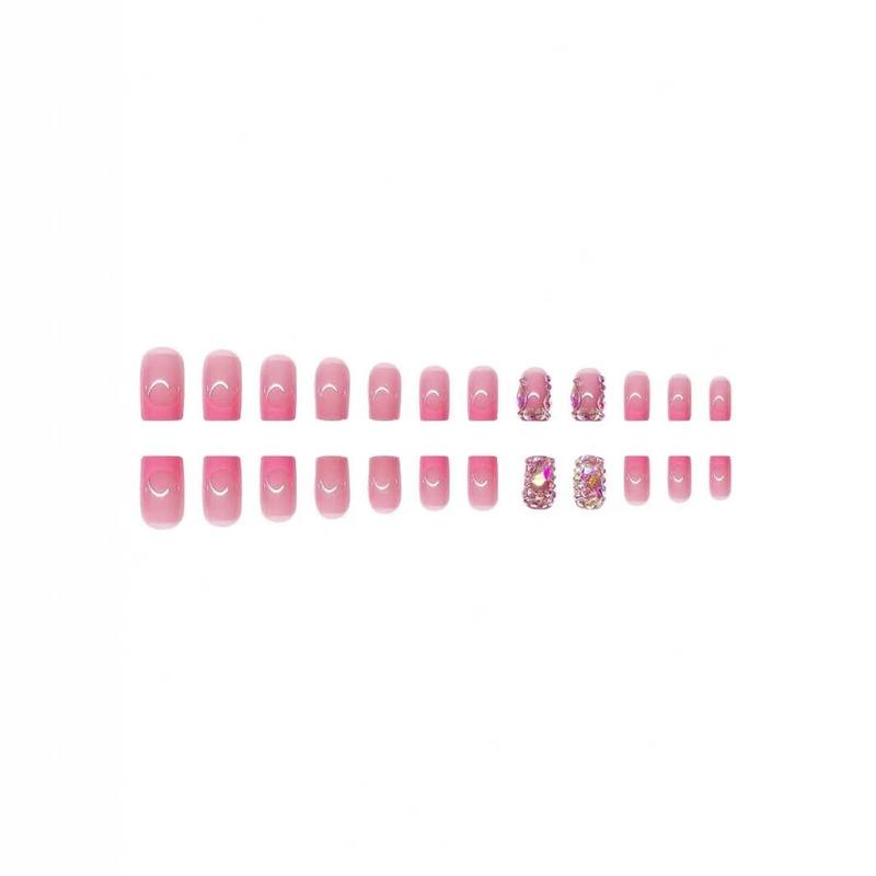 48 Pcs Diamond Press on Nails Pink Press on Toenails Set Square Fake Nails with Design French Tip Glue on Nails Glossy Artificial Acrylic Full Cover False Toe Nails Stick on Nails for Women Manicure