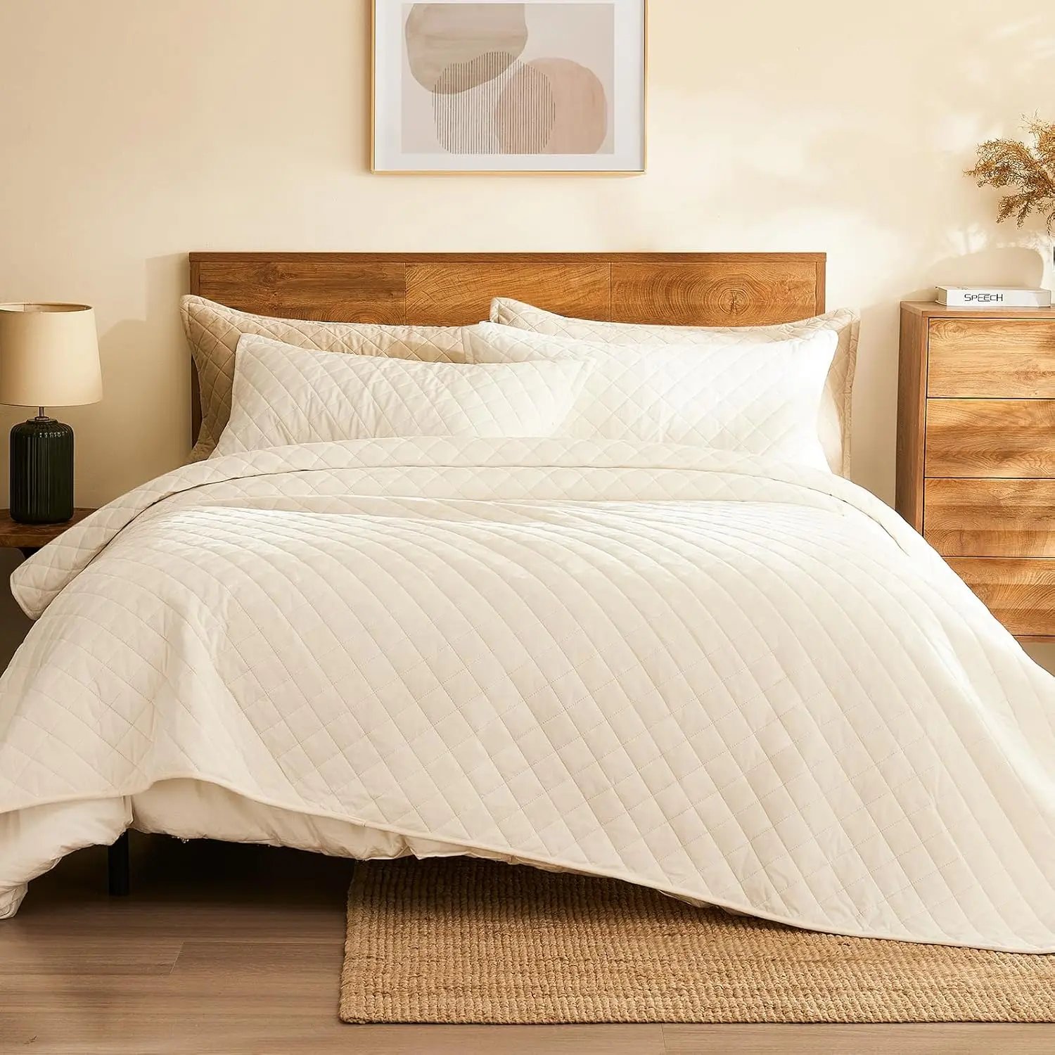 Cream White Velvet 3-Piece Reversible Luxury Bedding Comforter Set - King & Queen Sizes, Modern Breathable Lightweight Oversized Quilted Bedspread Coverlet with 2 Pillow Shams, All-Season, Machine Washable