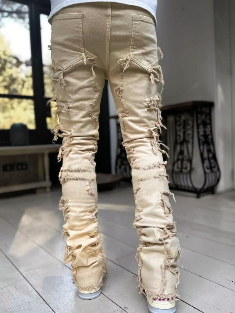 Men Stylish Vintage Khaki Stacked Spliced Slim Flared Jeans Pants Streetwear Hiphop Male Straight Biker Denim Trousers