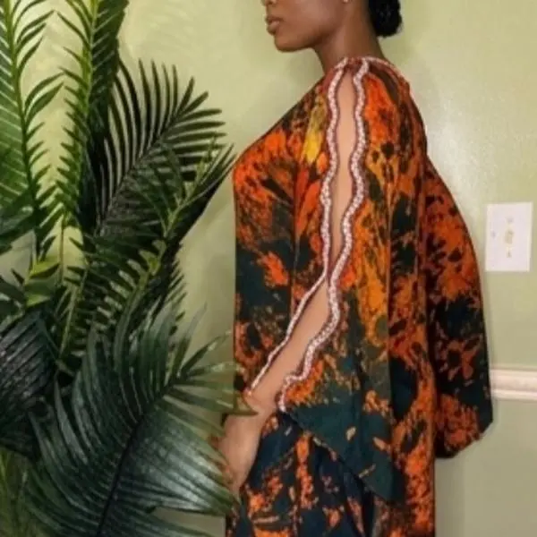 Women's Islamic Modest Zaria Ember Batik Kaftan Dress - Amber, Emerald, Long Sleeve, African Artistry, Ideal for Ramadan Gatherings