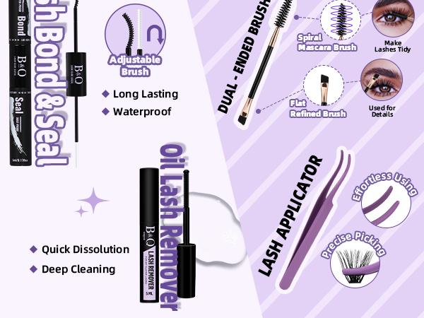 B&Q Love Letter Kit l Manga Lash & Invisible Band Bottom Spiky Volume Lash Clusters,Bond & Seal,Remover,DIY Eyelash Extensions Wet Look Anime Lash Makeup Cosmetic