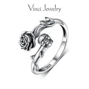 925 Vintage Rose Skull Open Ring, Gothic Style Floral Design with Bone Detail, Mystical Fantasy Adjustable Ring for Dark Romance Lover, Personalized and Trendy Unisex for Daily Wear, Punk Style Rock Style
