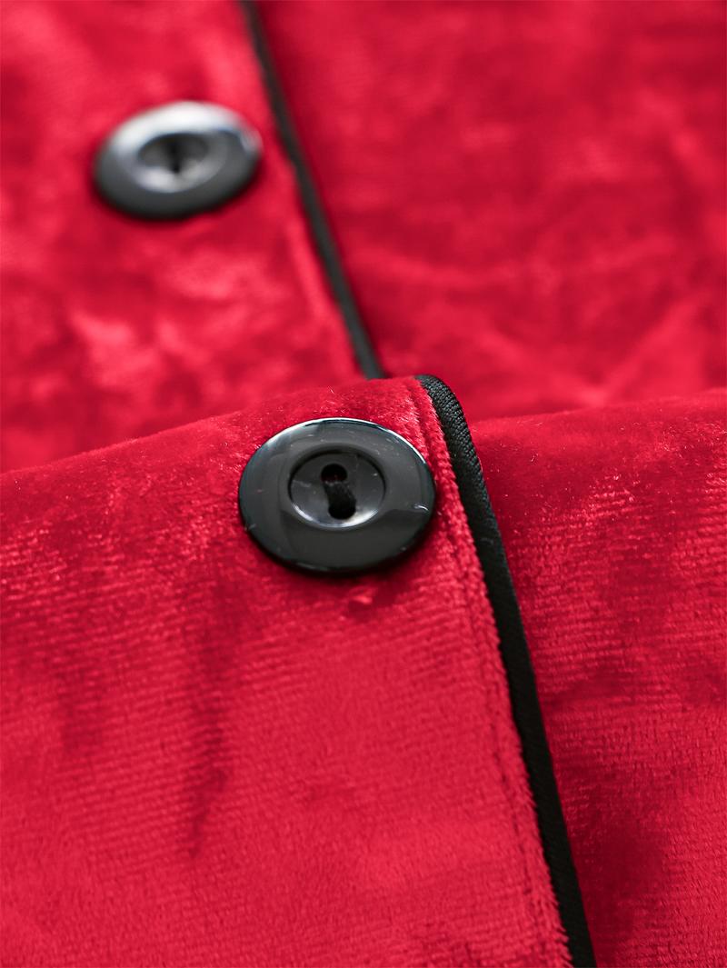PAJAMAS Long Sleeve Red Velvet Pajama Set with Button Front and Pocket for Cozy Nightwear