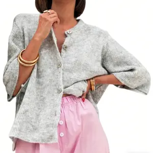 Women's Light Grey Ribbed Knit Cardigan, Short Sleeve V-Neck Button Down Sweater, Casual Soft Lightweight Knit Top for Summer, Versatile for Daily Office & Weekend Wear