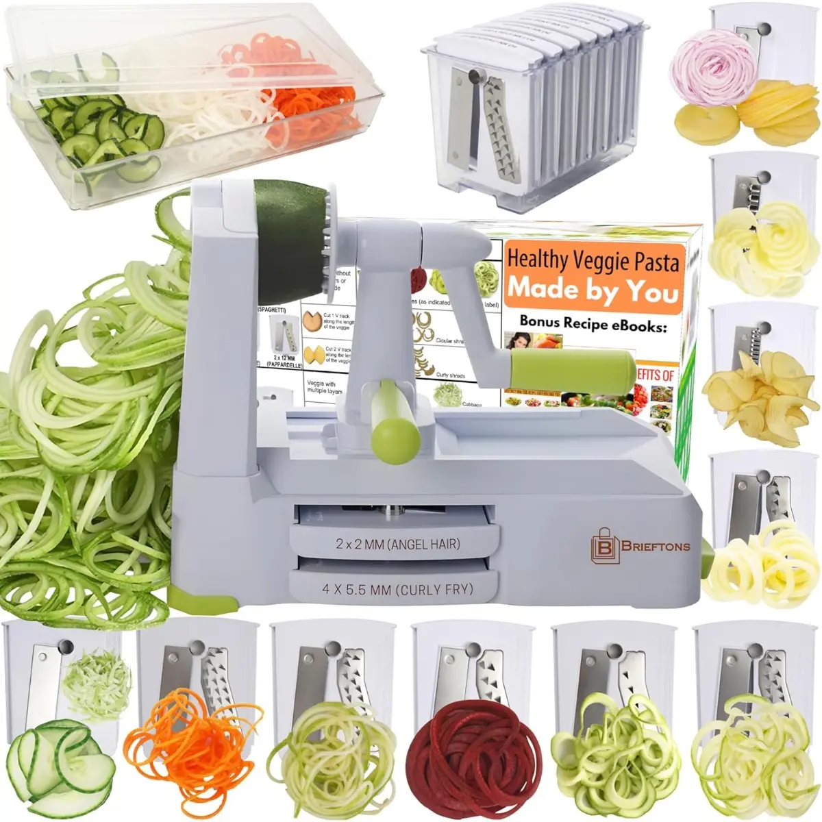 Sturdy 10-Blade Stainless Steel Kitchen Vegetable Spiralizer Utensil - Heavy-Duty Spaghetti Maker, Smooth Slicer for Low Carb Meal Prep, W/ Container, Lid, Blade Rack, 4 Recipe Ebooks, Sweet Potato Tool, Utensils, Abs, Noodle, Linguine, Curly Fries, Butte