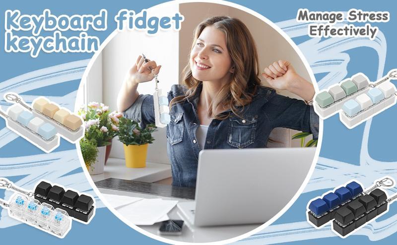 4 Pack Mechanical Keyboard Keychain Decorations with LED Glowing Lights, Stress Relief Fingertip Clicker with Transparent Crystal Keycaps, Fingertip Fidget Toys and Fun Pendant for Boys, Girls and Adults, New Year's Day Gifts, Valentine's Day Gifts