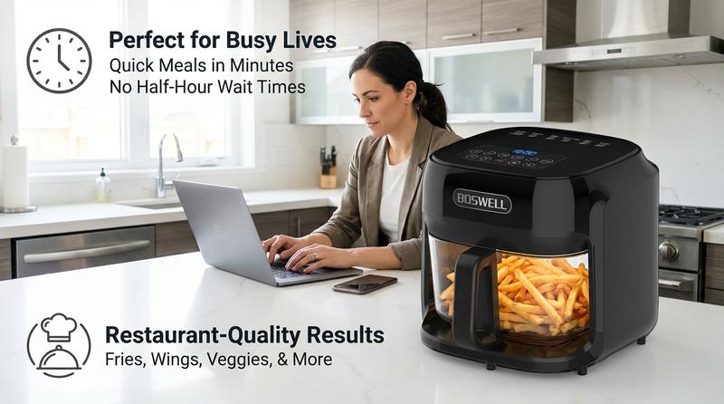 BOSWELL 7.5QT Glass Air Fryer with Transparent Bowl – 5-in-1 Rapid Heating, Fits a Whole Chicken, Oil-Free & Healthy Crispy Results, Dishwasher-Safe, A Perfect Valentine’s Day Gift for Family or Couples