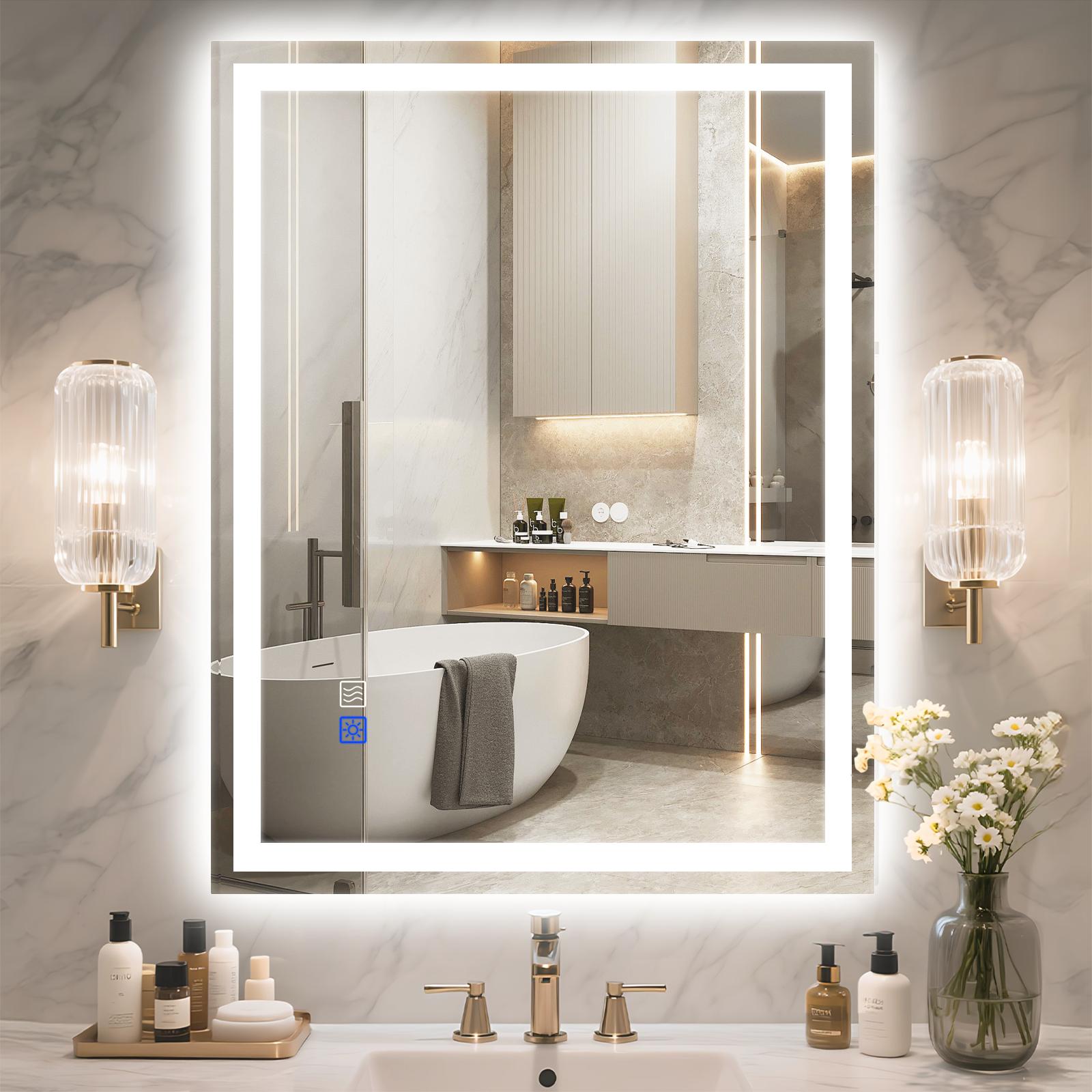 GALENTAL LED Bathroom Mirror with Lights Over Sink Dimmable Touch Control 3-Color Options Wall Mounted Defogging Memory Timing Tempered Glass Modern White Decor Home Interior