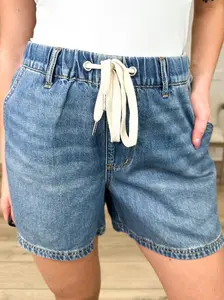 Judy Blue Abbie High-Rise Denim Shorts - Medium Wash Non-Distressed Cotton Elastic Waistband Comfortable Fit